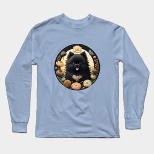 Black Pomeranian Flower Wreath Long Sleeve T-Shirt